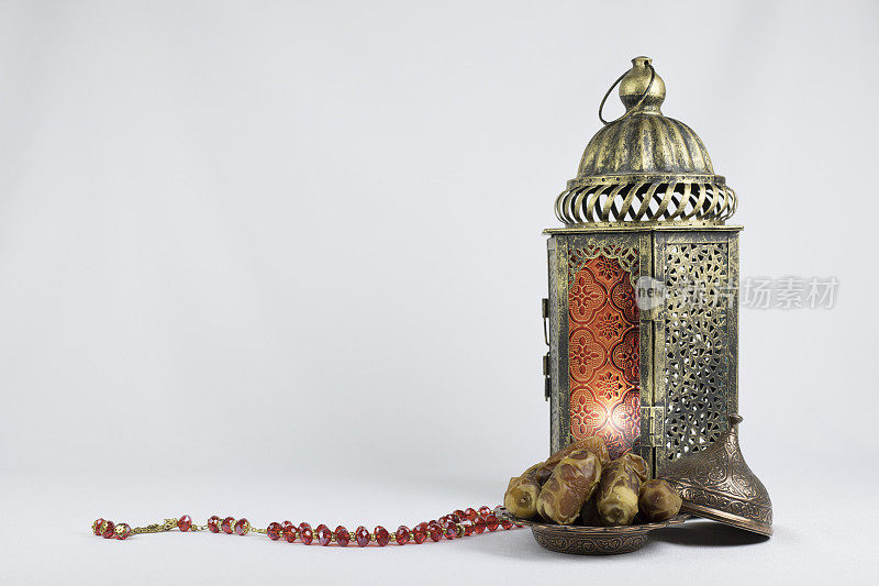 Copper Lantern, Dates fruits and red prayer beads